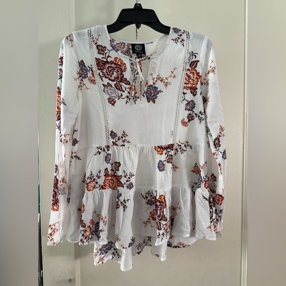 Bobeau White Floral Blouse with Purple and Red Accents